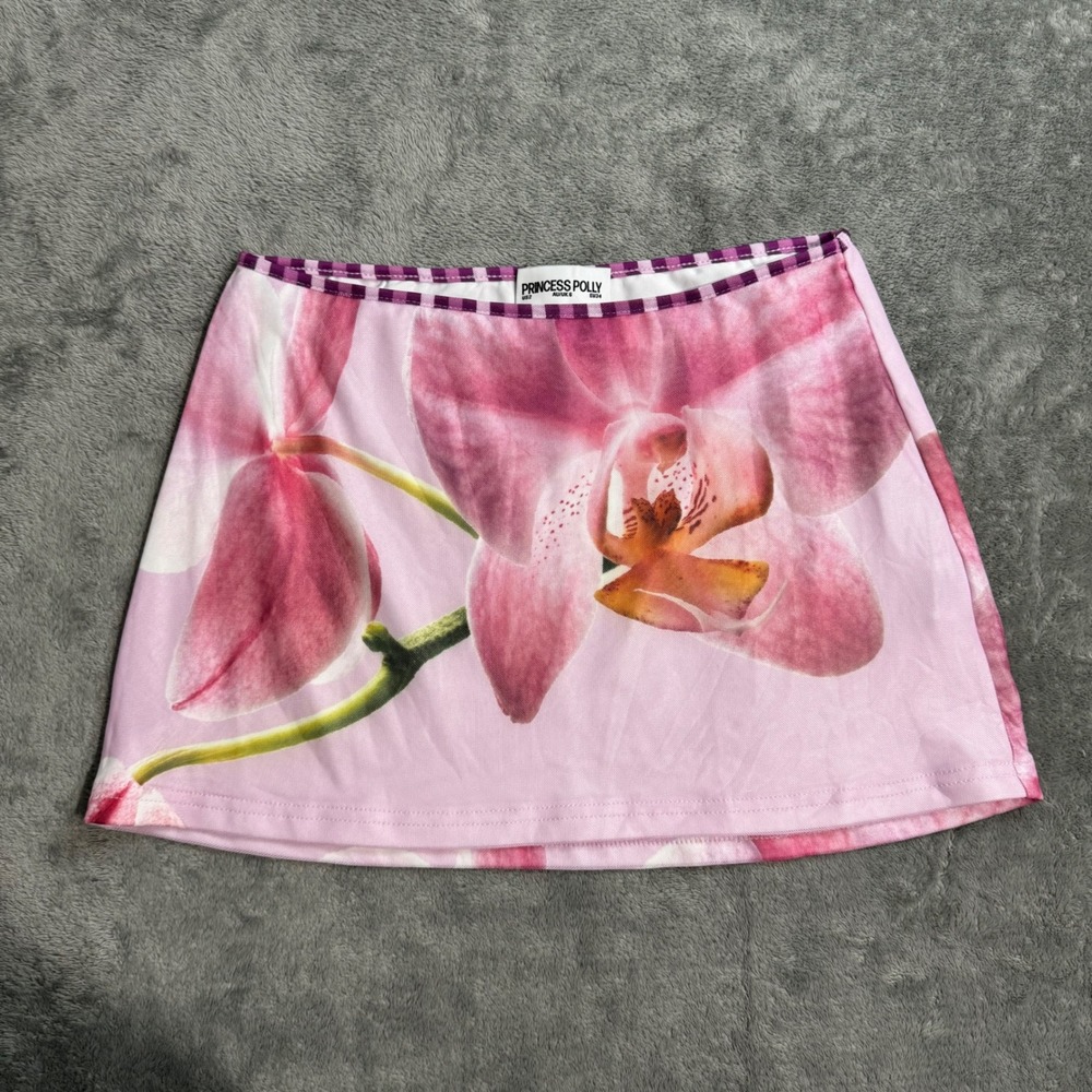 Princess Polly Pink Orchid Floral Mini Skirt Gingham Trim US 2 Low Rise Y2K